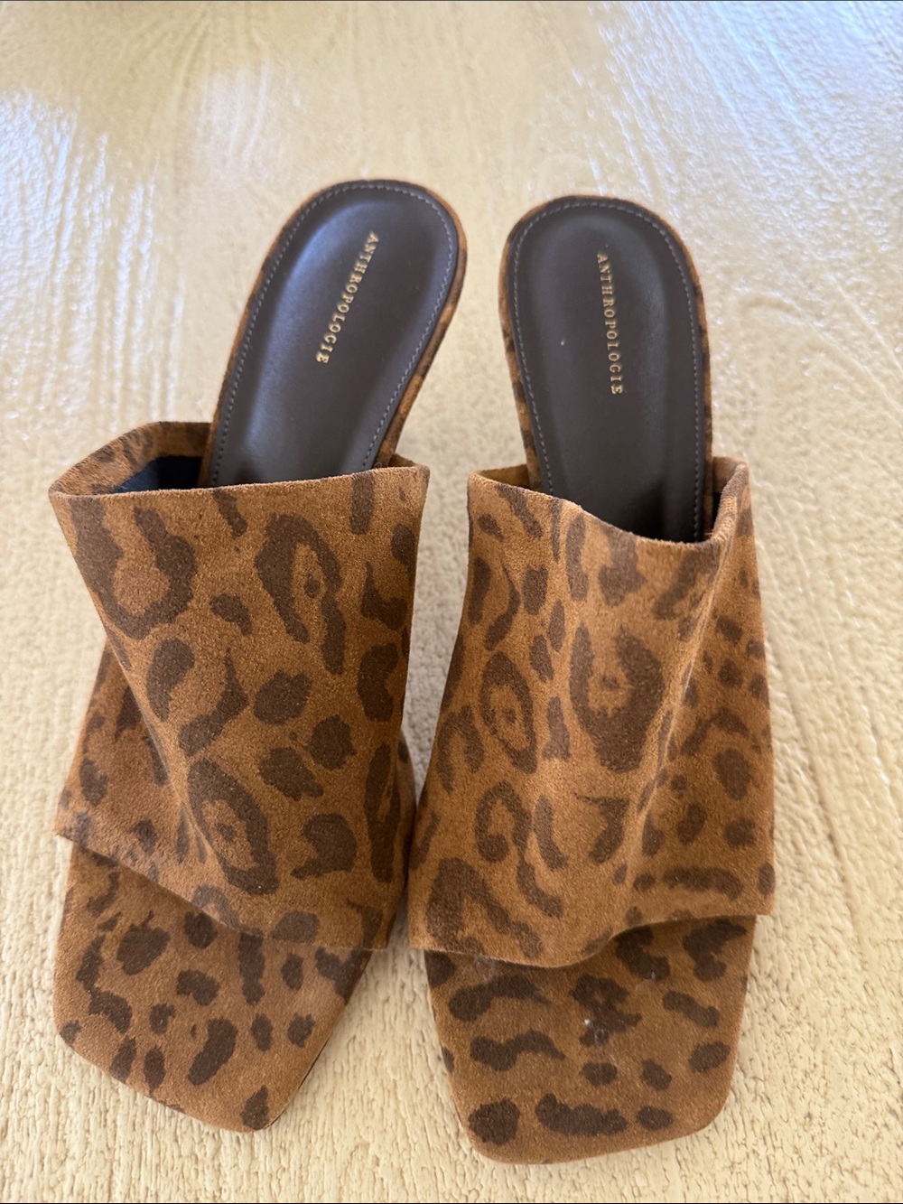 Anthropologie Leopard Print Brown Suede Slide Mules